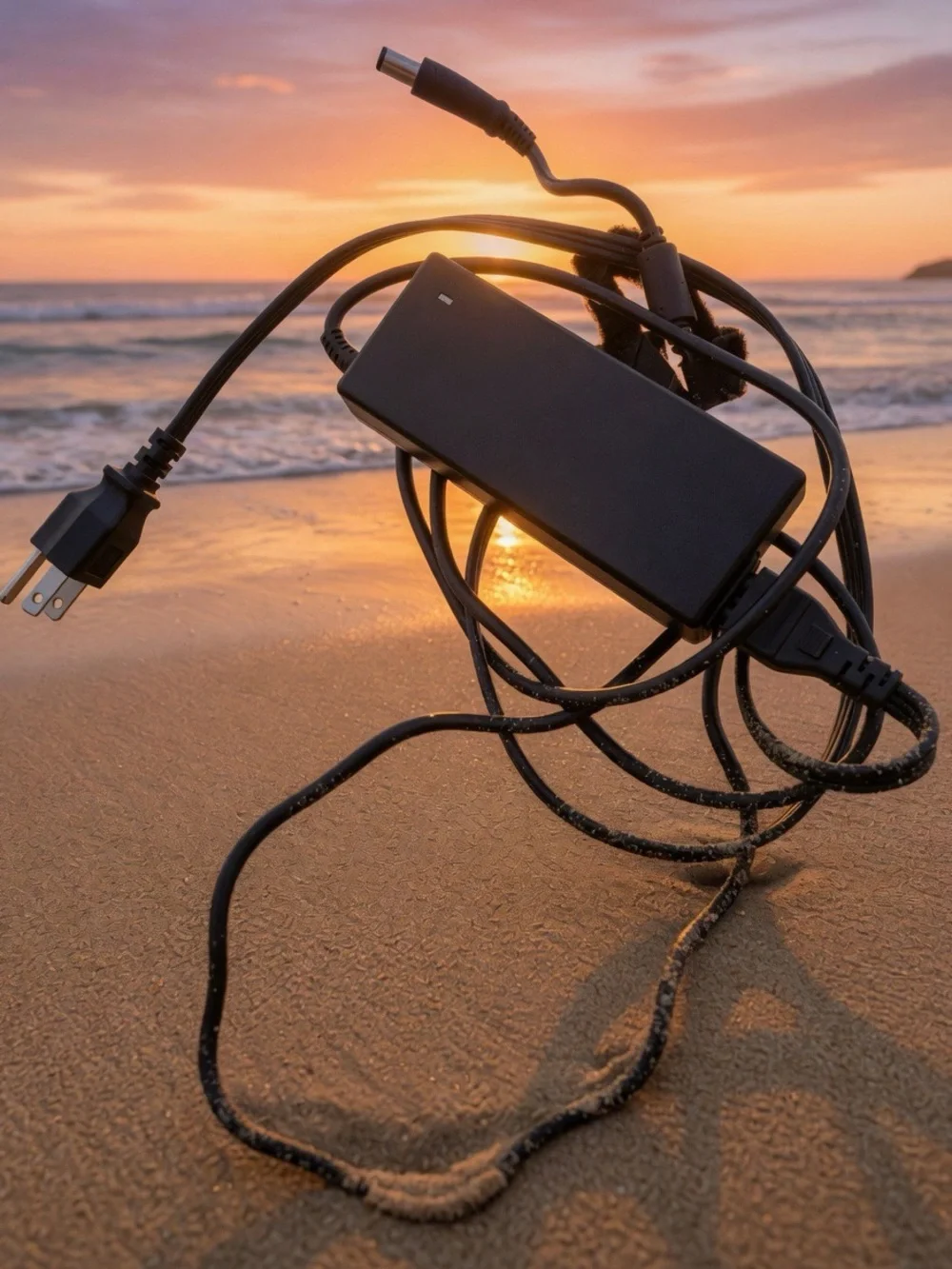 Black Laptop Power Adapter with Attached Cables